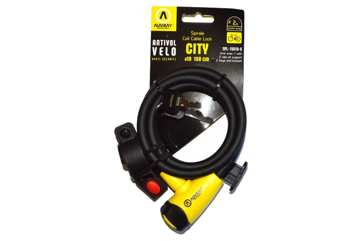 ANTIVOL VELO SPIRAL A CLE AUVRAY DIAM 10 mm L 1.50 M NOIR MAT (AVEC SUPPORT)