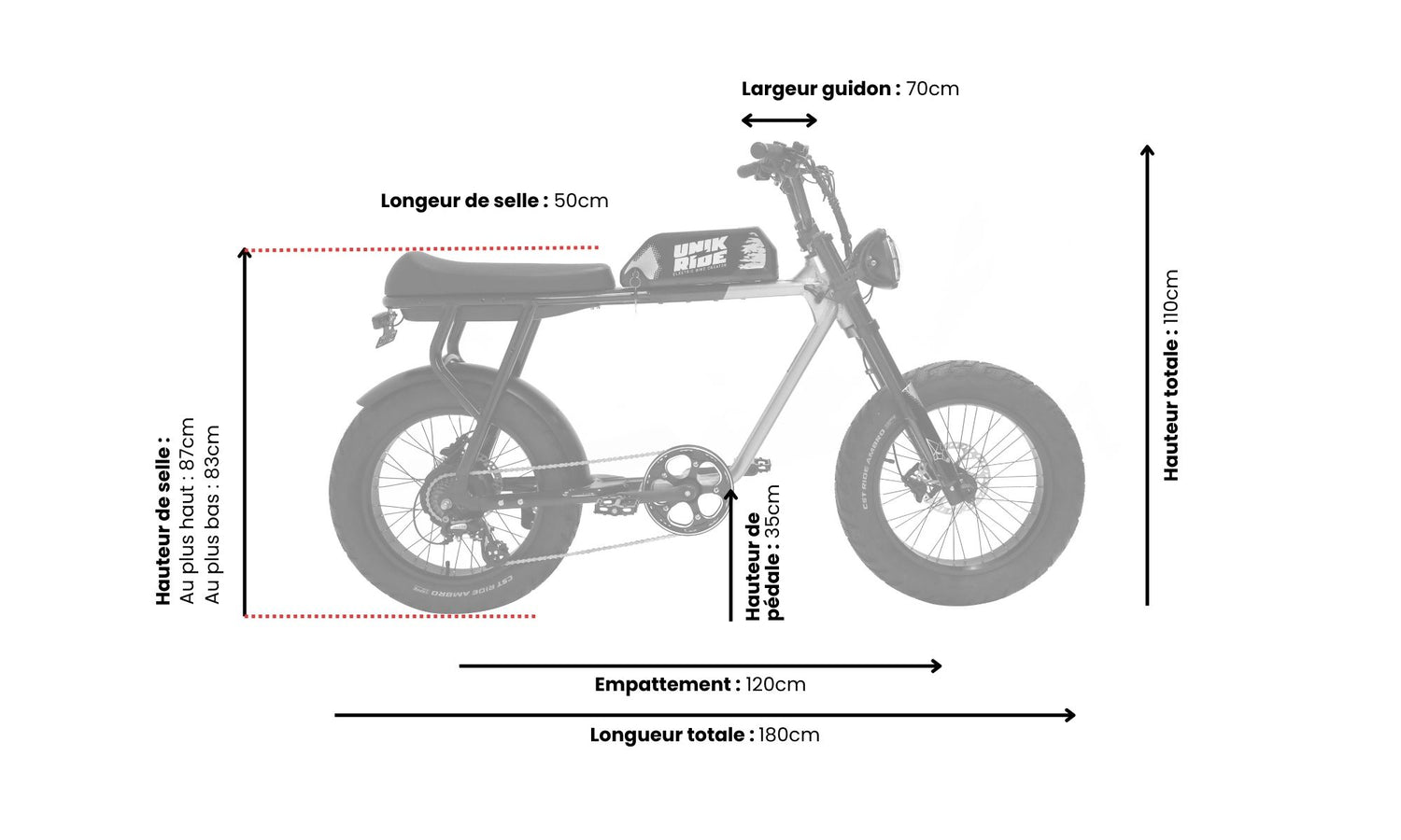 Dimensions du fatbike biplace CITY XL adapte aux personnes de grande taille