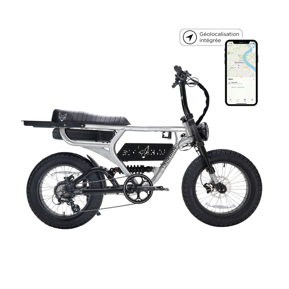 Fatstreet Xtrail vélo biplace électrique argent avec cadre aluminium brossé verni et géolocalisation GPS intégrée