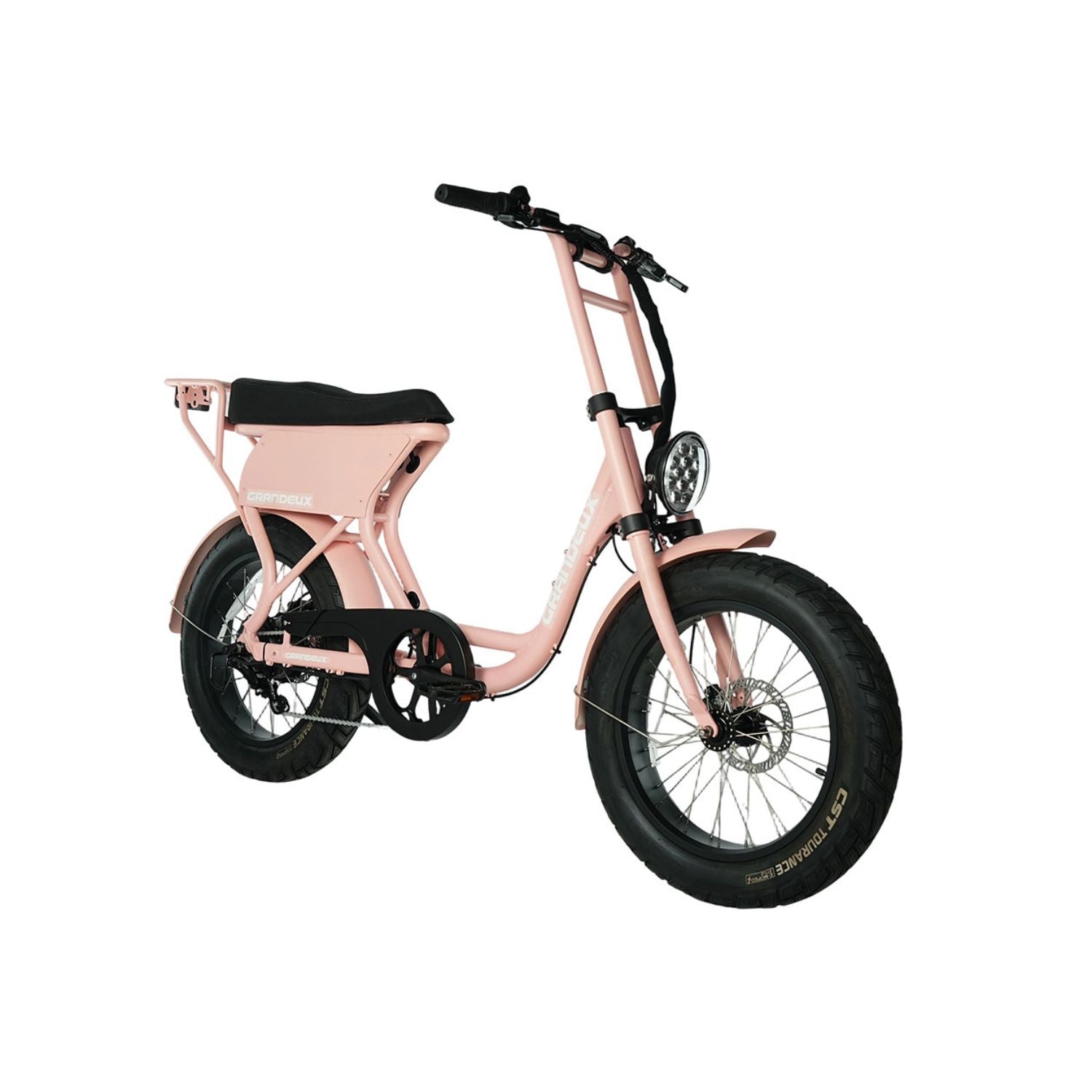 Vélo électrique biplace Grandeux Xcite Pro rose pastel, vue trois quarts droite