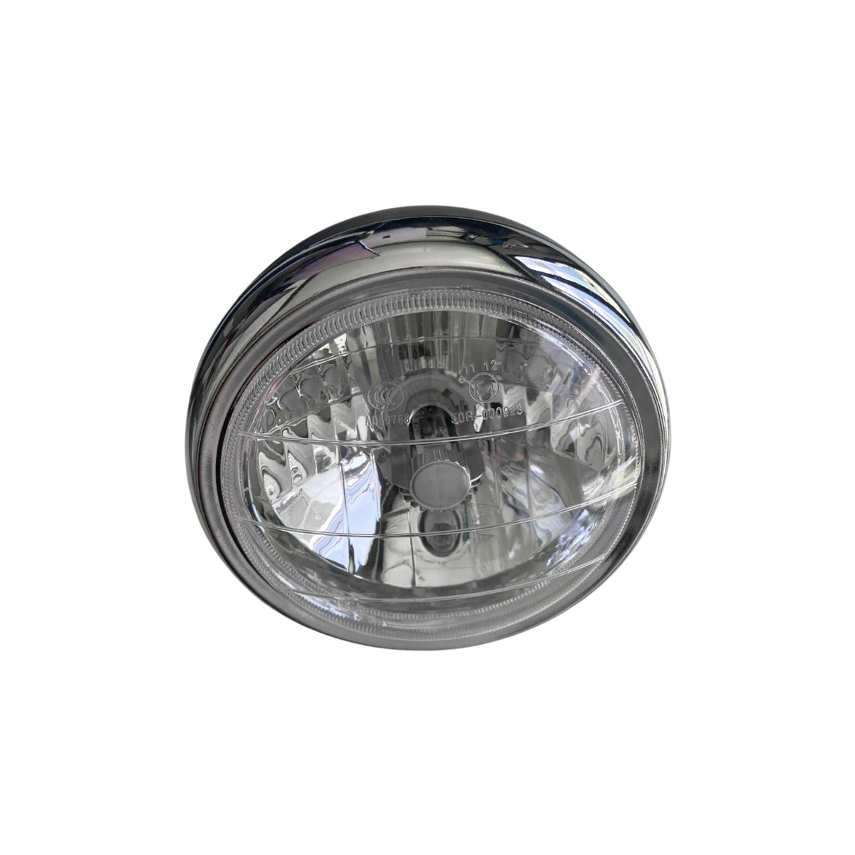 Phare avant LED rond chromé pour vélo électrique 12-48V, vue de face avec lentille striée