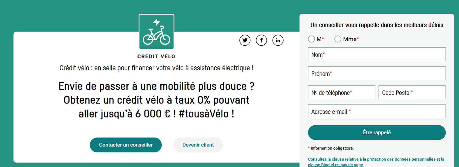 Crédit à taux 0% pour le financement de vélo électrique.