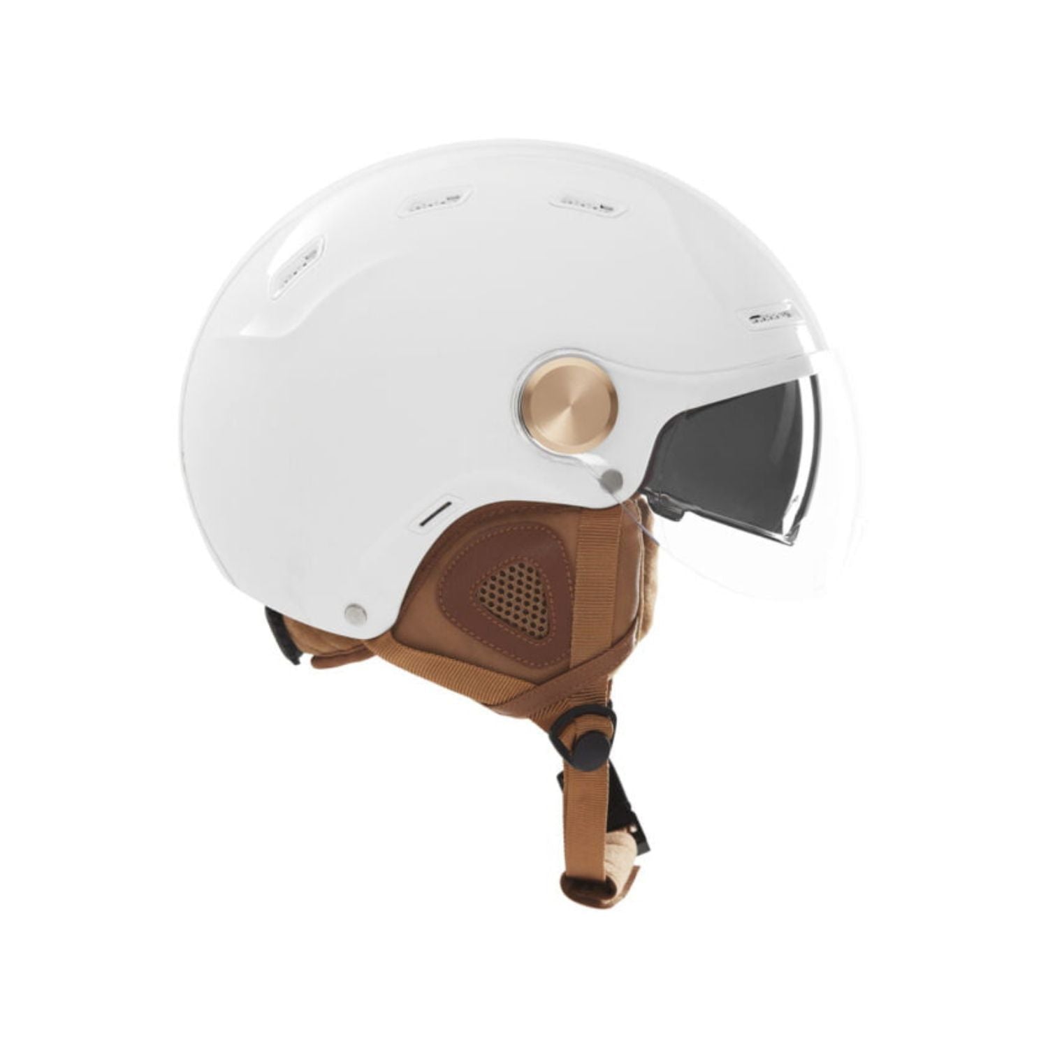 Casque Exklusiv E-Bike II blanc brillant vu de profil avec protège-oreilles