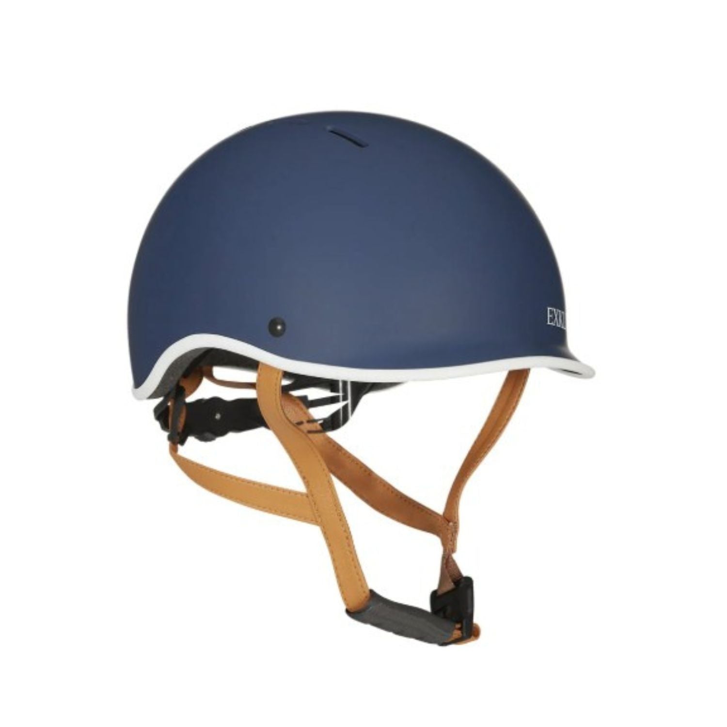 Casque Exklusiv Pure bleu mat avec sangles camel, vue trois quarts avant