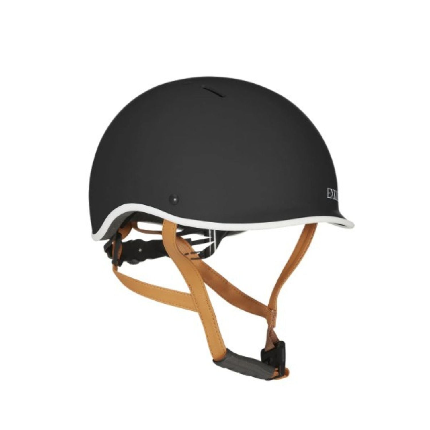 Casque Exklusiv Pure noir mat avec sangles camel, vue trois quarts avant