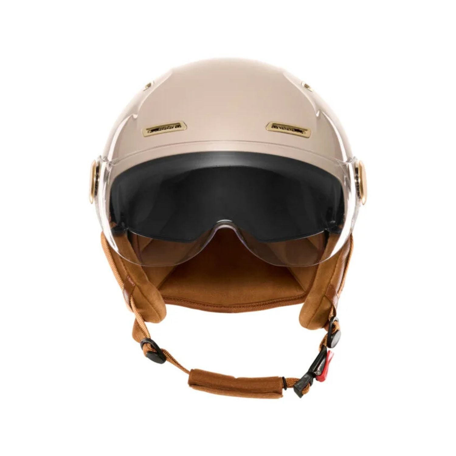 Vue de face du casque vélo E-Bike II champagne avec écran fumé