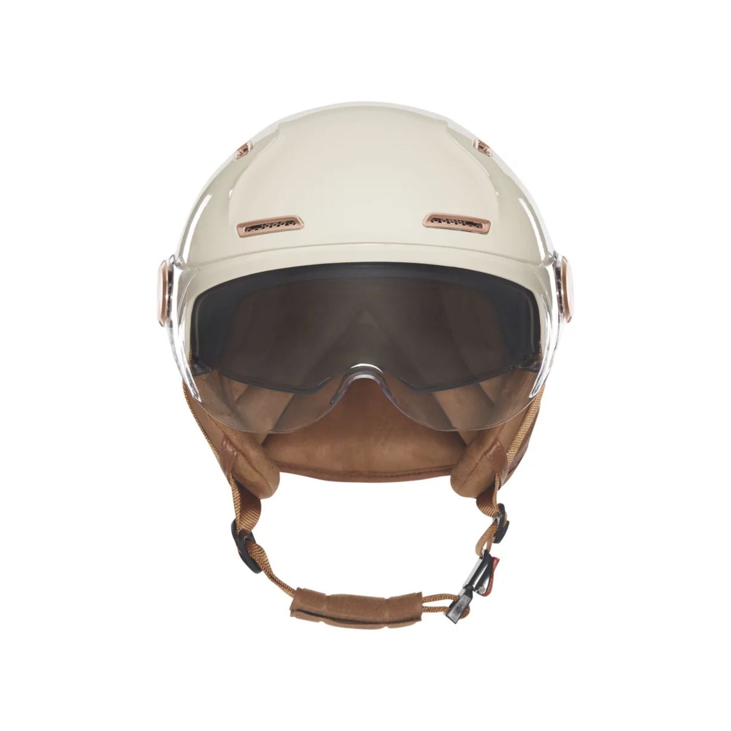 Vue de face du casque vélo E-Bike II crème avec écran solaire fumé