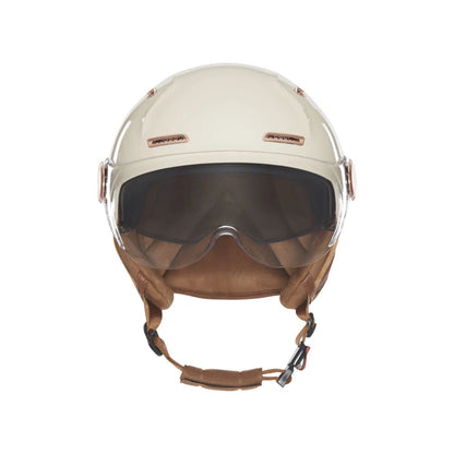Vue de face du casque vélo E-Bike II crème avec écran solaire fumé