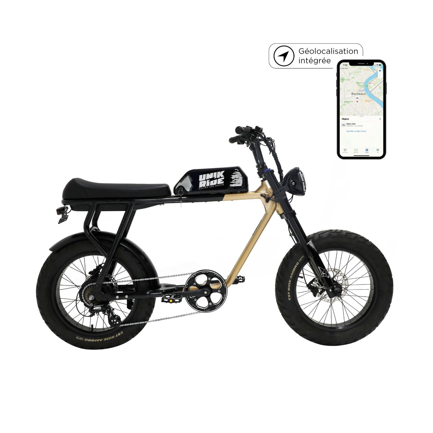 Fatbike biplace CITY XL Unikride avec geolocalisation GPS integree et batterie 960Wh