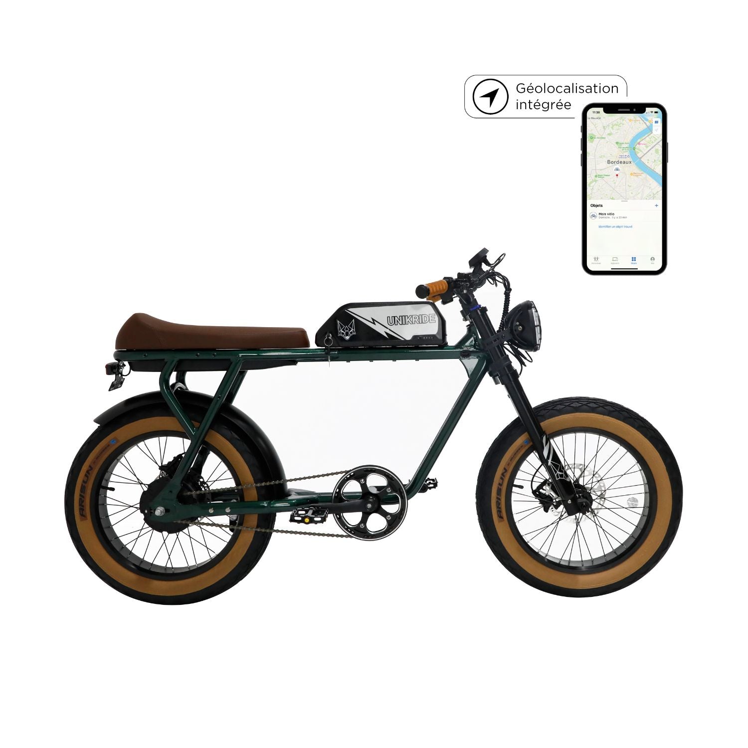 Fatbike électrique 2 places City S Unikride avec module GPS intégré dans le cadre et batterie 48V 20Ah.