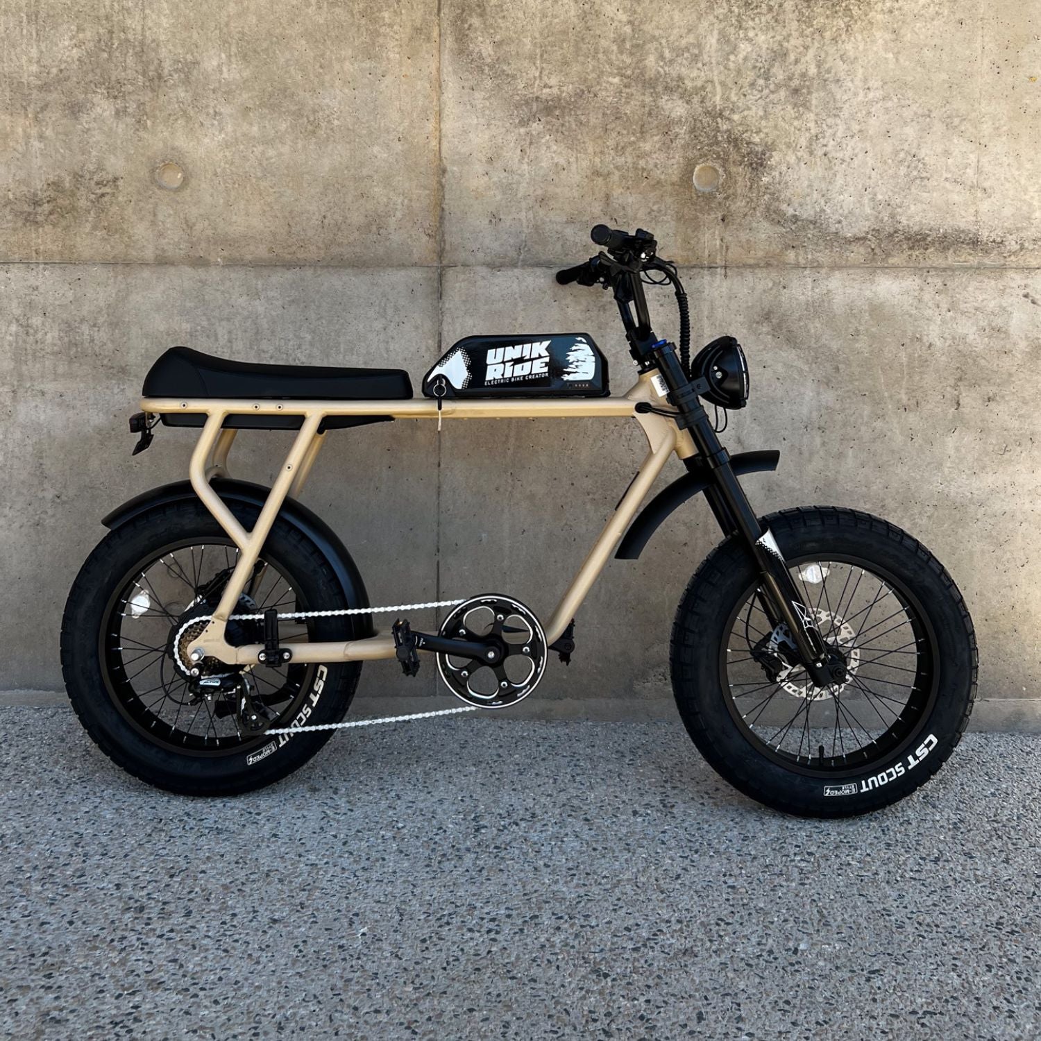 Fatbike électrique biplace City XL beige vue de profil avec pneus larges et cadre long