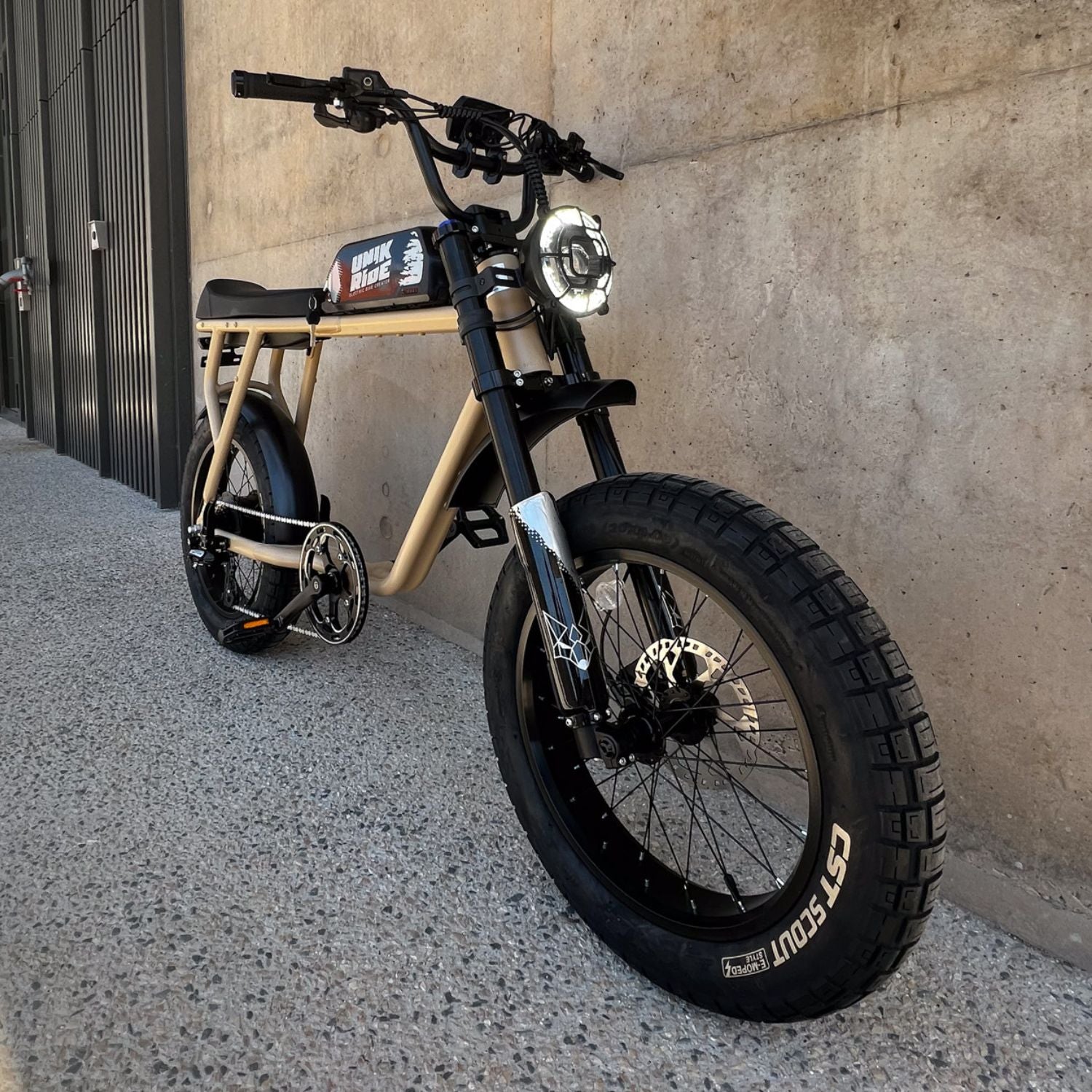 Fatbike électrique biplace City XL beige vue arrière avec moteur et pneus CST