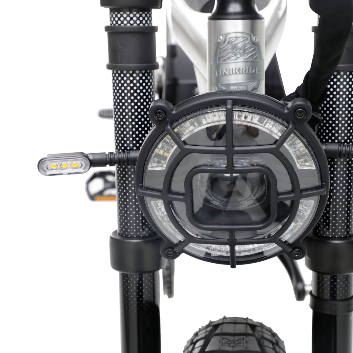 Phare avant LED du Fatstreet Xtrail vélo biplace électrique argent avec clignotant intégré