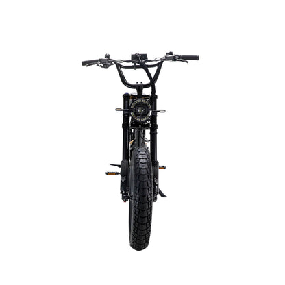 Vélo électrique Fatstreet XTrail Sport cadre bas noir vu de face, avec phare rond et pneu large