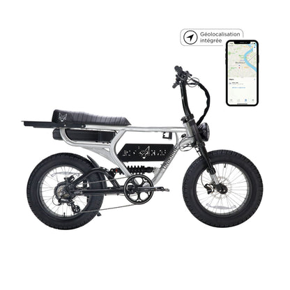 Fatstreet Xtrail vélo biplace électrique argent avec cadre aluminium brossé verni et géolocalisation GPS intégrée
