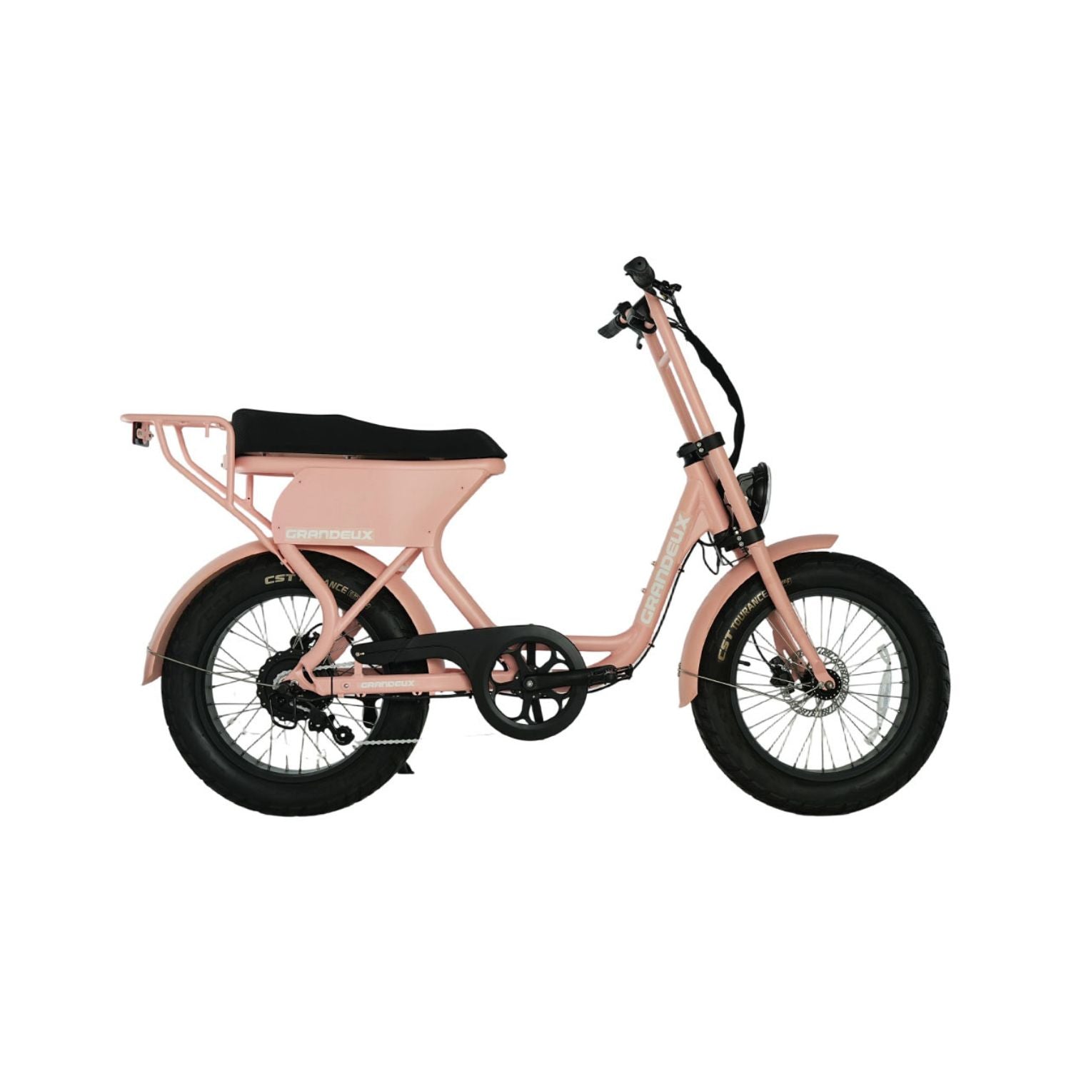 Vélo électrique biplace Grandeux Xcite Pro rose pastel vu de profil