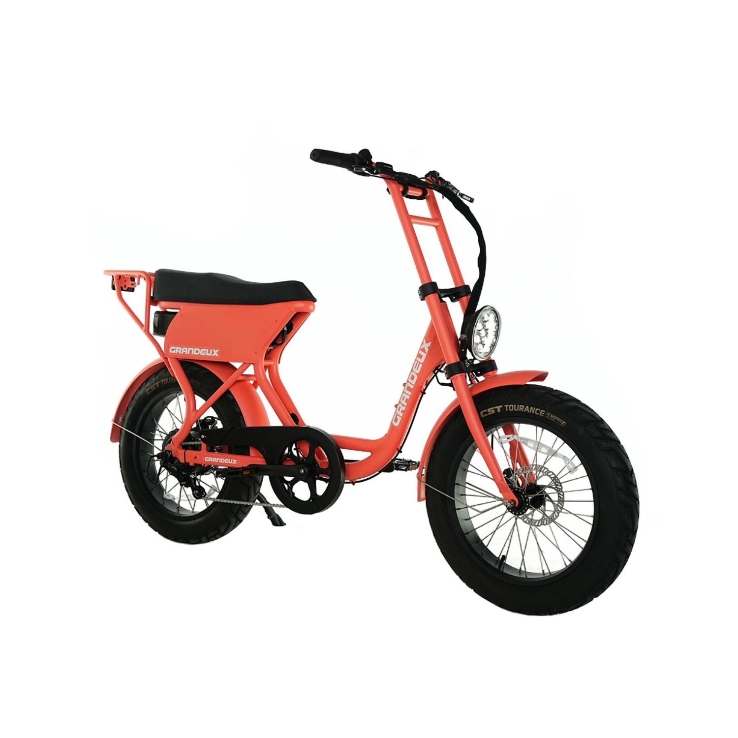Grandeux Xcite Pro rouge corail avec cadre bas, vue trois quarts droite
