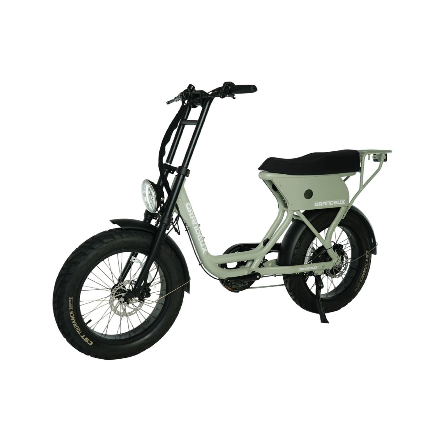 Grandeux Xcite Pro vert sauge avec gros pneus, vue trois quarts gauche