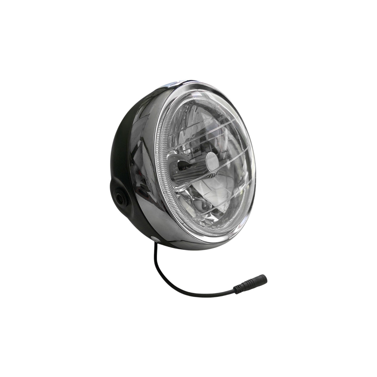Phare avant LED rétro chromé et noir 12-48V pour vélo électrique, vue de trois quarts