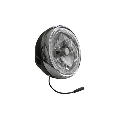 Phare avant LED rétro chromé et noir 12-48V pour vélo électrique, vue de trois quarts