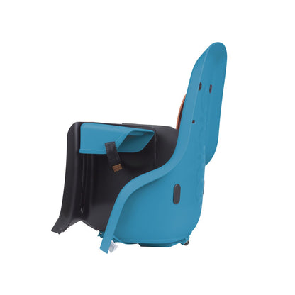 Vue latérale arrière du siège enfant vélo Minia CFS bleu avec repose-pieds