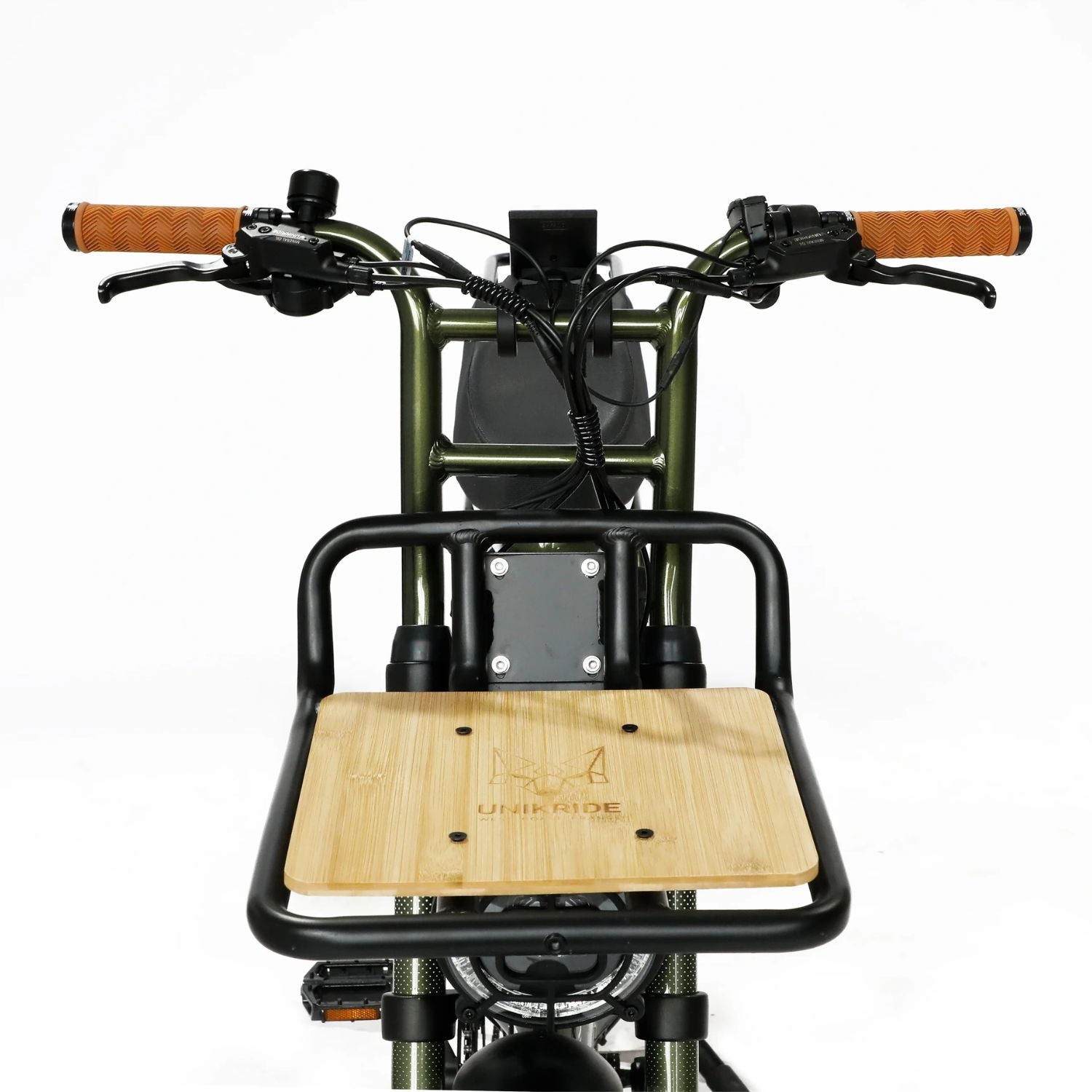 Porte-paquet avant compatible Fatstreet vu de face sur vélo électrique Unikride