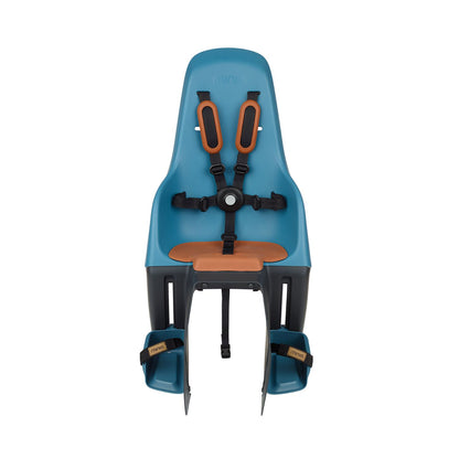 Vue de face du siège vélo enfant Polisport Minia CFS bleu avec harnais réglable