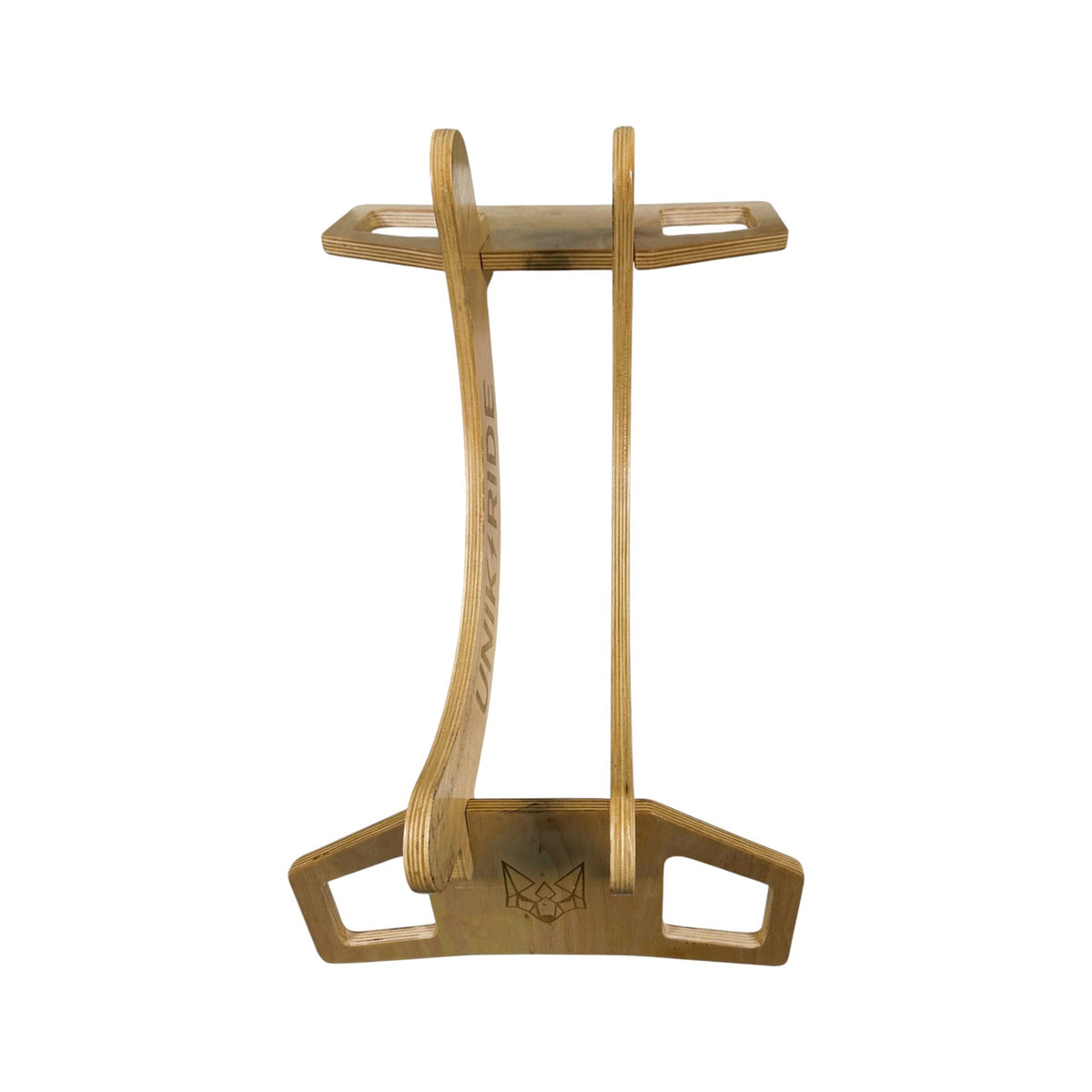 Support vélo en bois Unikride vu du dessus avec maintien de la roue