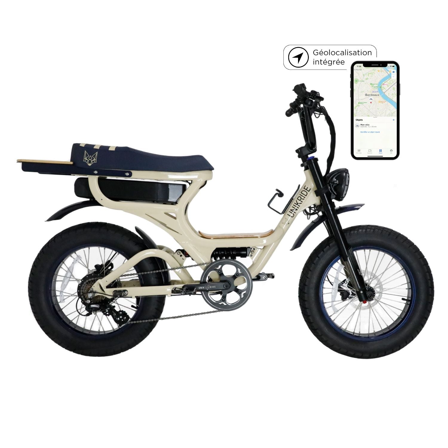 Vélo électrique 2 places Fatstreet Xtrail Limited vue de profil avec géolocalisation intégrée