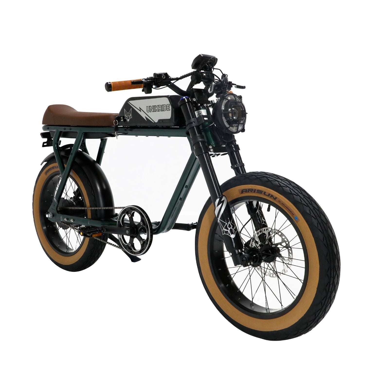 Vélo électrique biplace fatbike City S Unikride vert avec pneus larges et cadre aluminium.