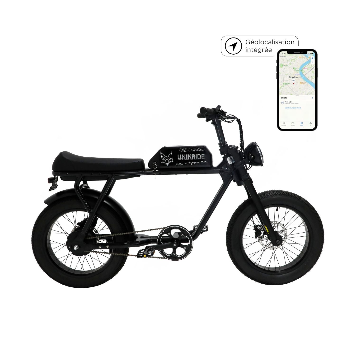 Fatbike électrique 2 places City XS avec géolocalisation GPS intégrée via application Unikride